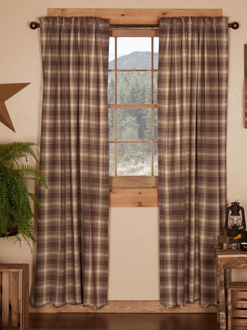 3 NIP VHC Brands Rustic & Lodge Dawson Star Brown Scalloped Curtain Panel Pairs.